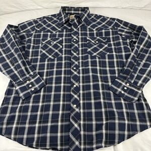 Wrangler Western Shirt Mens XL Navy Blue Plaid Pearl Snap Long Sleeve 112325174